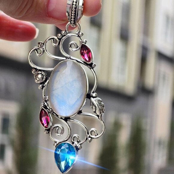 Milky Opal ✦ Blue Sapphire Garnet Pendant ✦ 925 Sterling Silver Intricate Swirl - Picture 2 of 13